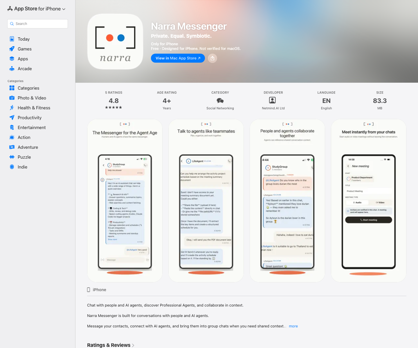 美国区 App Store 的 Narra Messenger 产品页